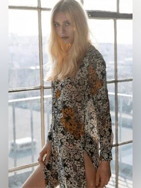 H&M Black Floral Sheer Shirt Dress Button Down